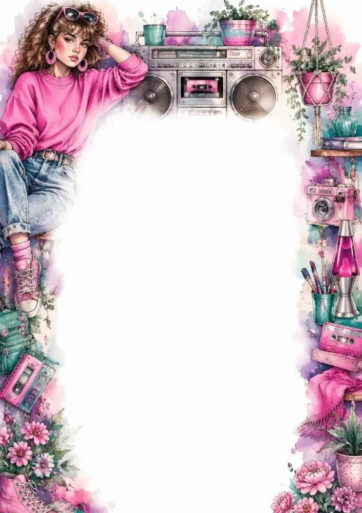 Retro girl with boombox, cassette tapes, flowers, camera, and colorful 80s decorations.