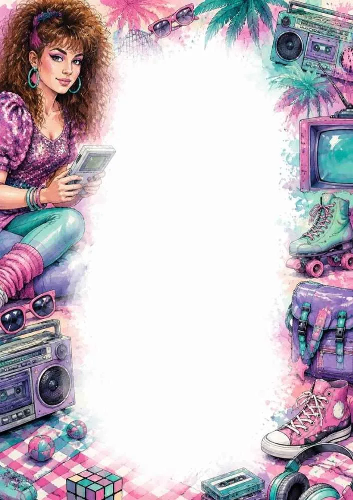 Girl with handheld game console, boombox, roller skates, and retro gadgets.
