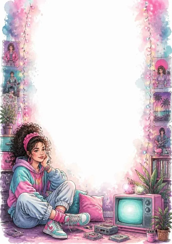 Girl sitting beside a retro TV with cassette tapes and posters.