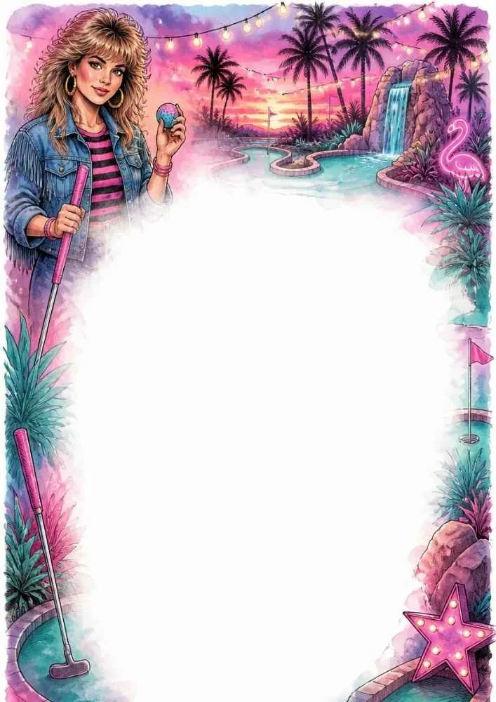Girl playing mini golf near palm trees, waterfall, and neon decorations.