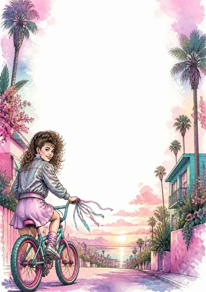 Retro girl riding a bicycle down a palm-lined street at sunset.