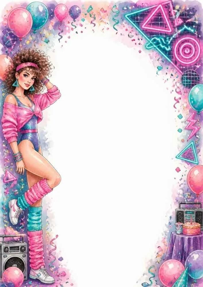Retro girl with balloons, neon decorations, cake, and boombox.