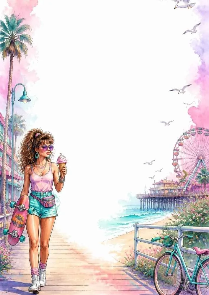 Girl with skateboard and ice cream walking on a beach boardwalk near a ferris wheel.