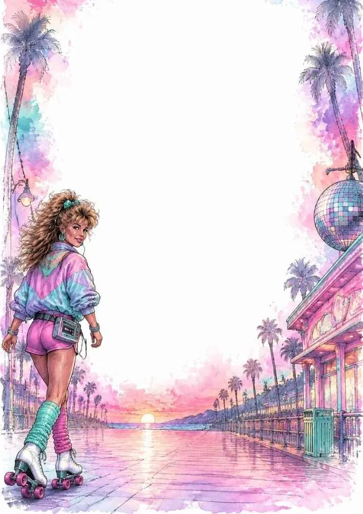 Roller skater on a sunset boardwalk with palm trees and disco ball.