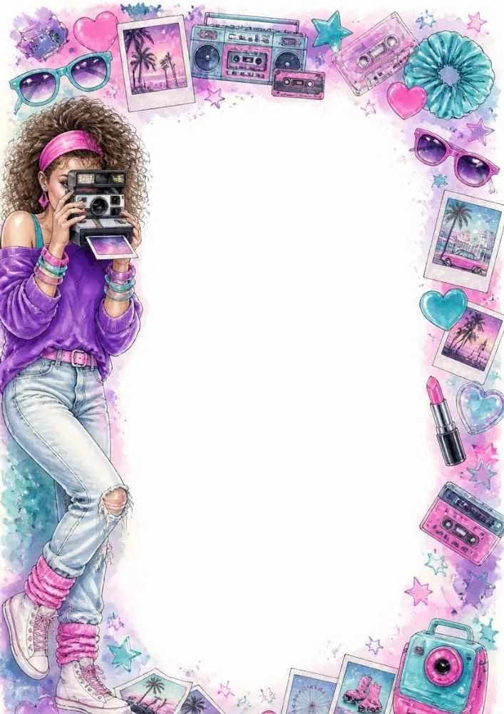 Girl using a Polaroid camera with cassette tapes, sunglasses, and 80s accessories.