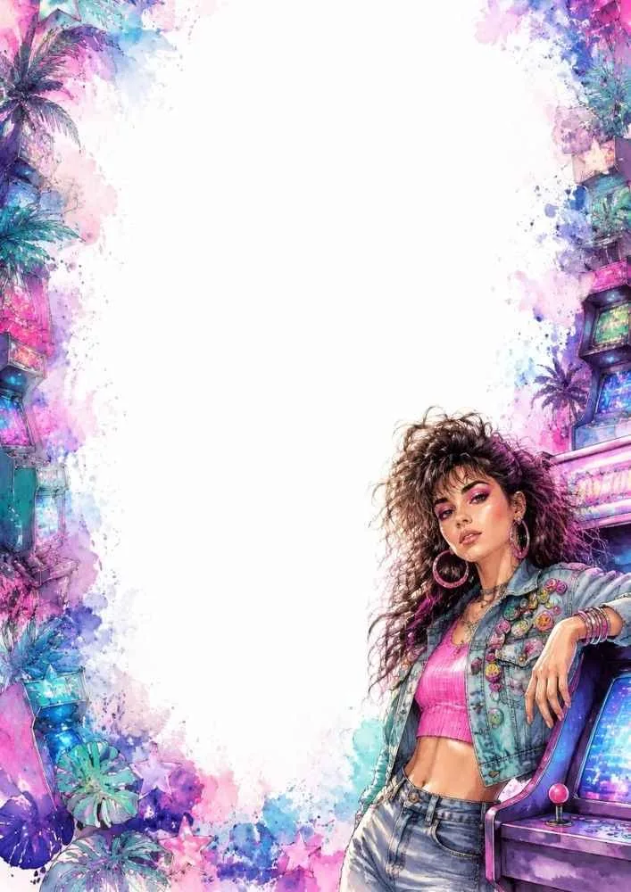 Retro girl beside an arcade machine with neon colors and palm trees.