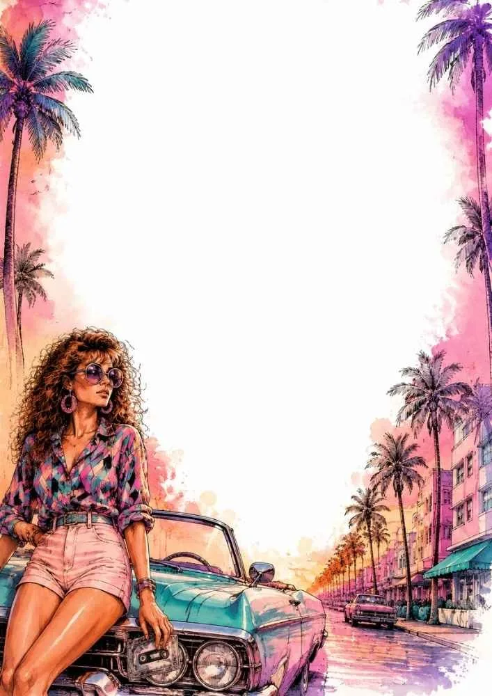 Retro girl sitting on a vintage convertible car on a palm-lined street.