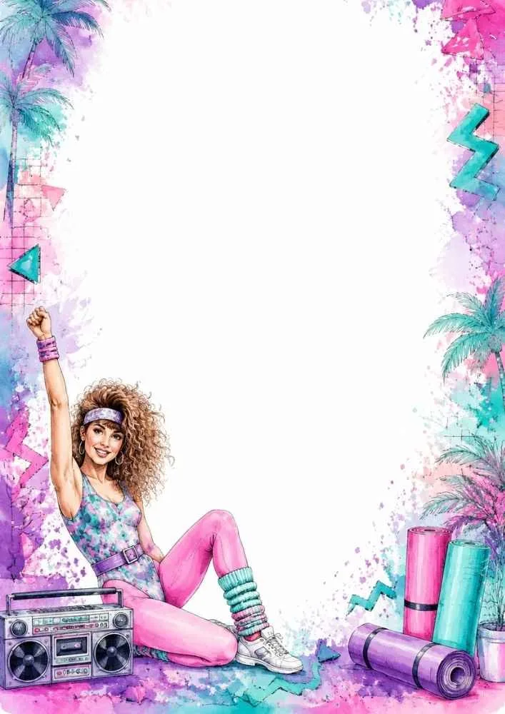 Retro fitness girl with boombox, workout mats, and colorful 80s décor.