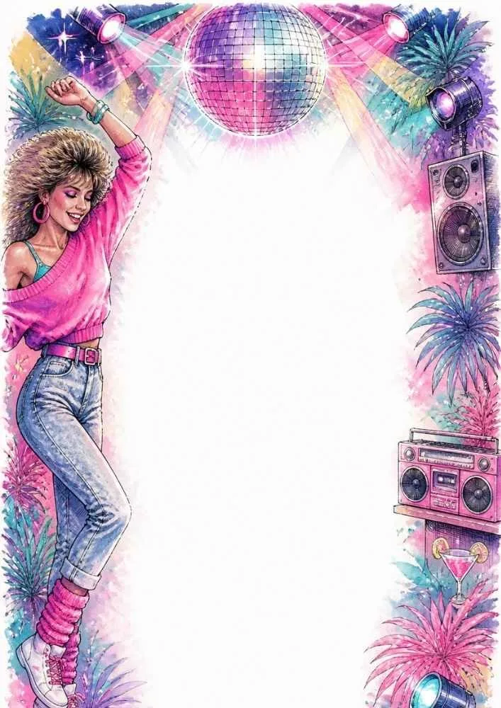 Dancing girl under a disco ball with speakers and colorful lights.