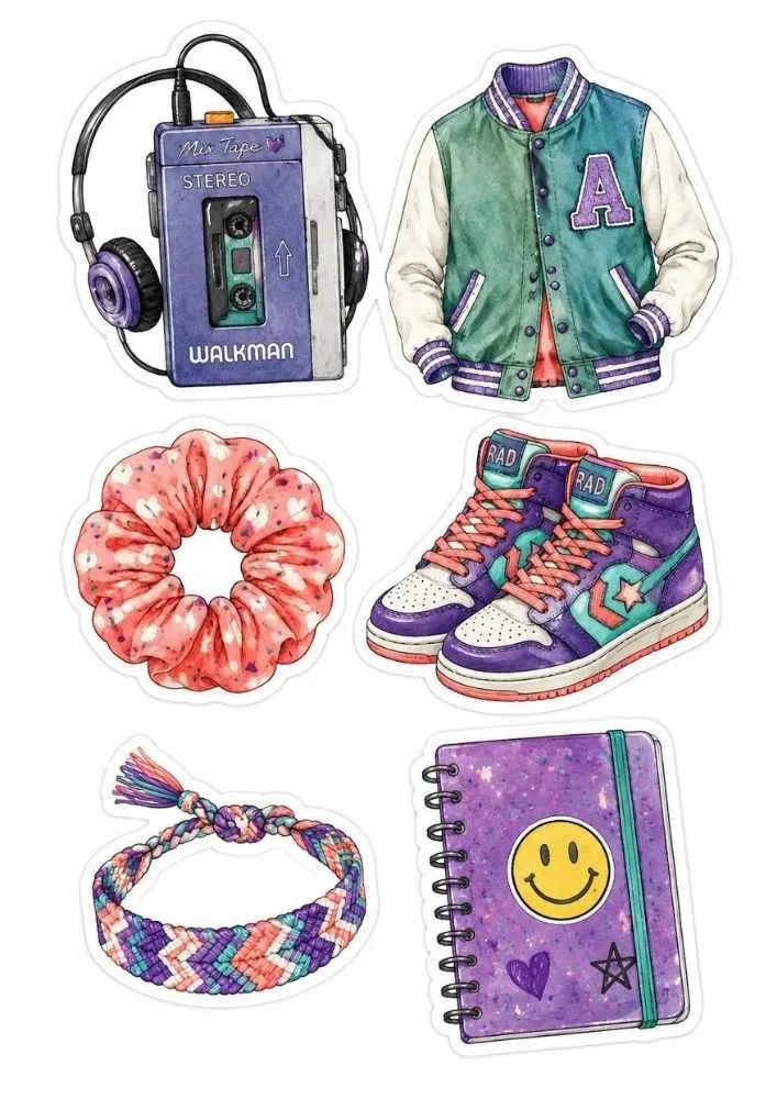 Walkman, varsity jacket, sneakers, scrunchie, bracelet, and notebook stickers.