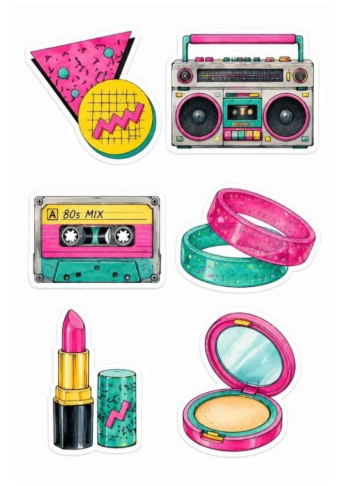 Boombox, cassette tape, bangles, lipstick, compact, and retro shape stickers.