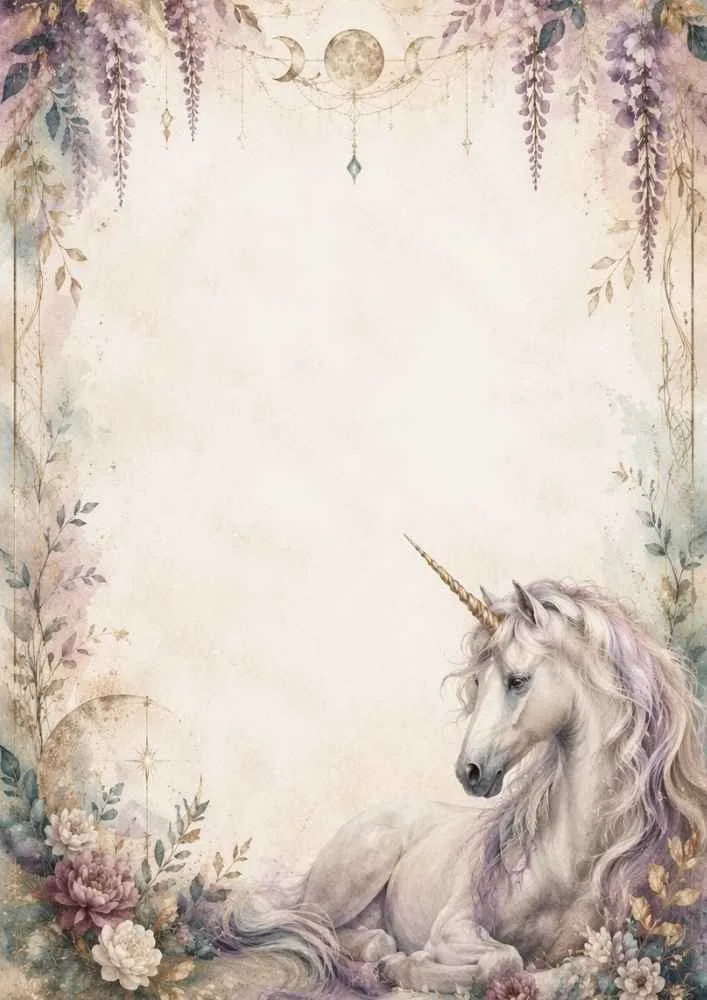 White unicorn lying among flowers with moon phases and hanging floral decorations.
