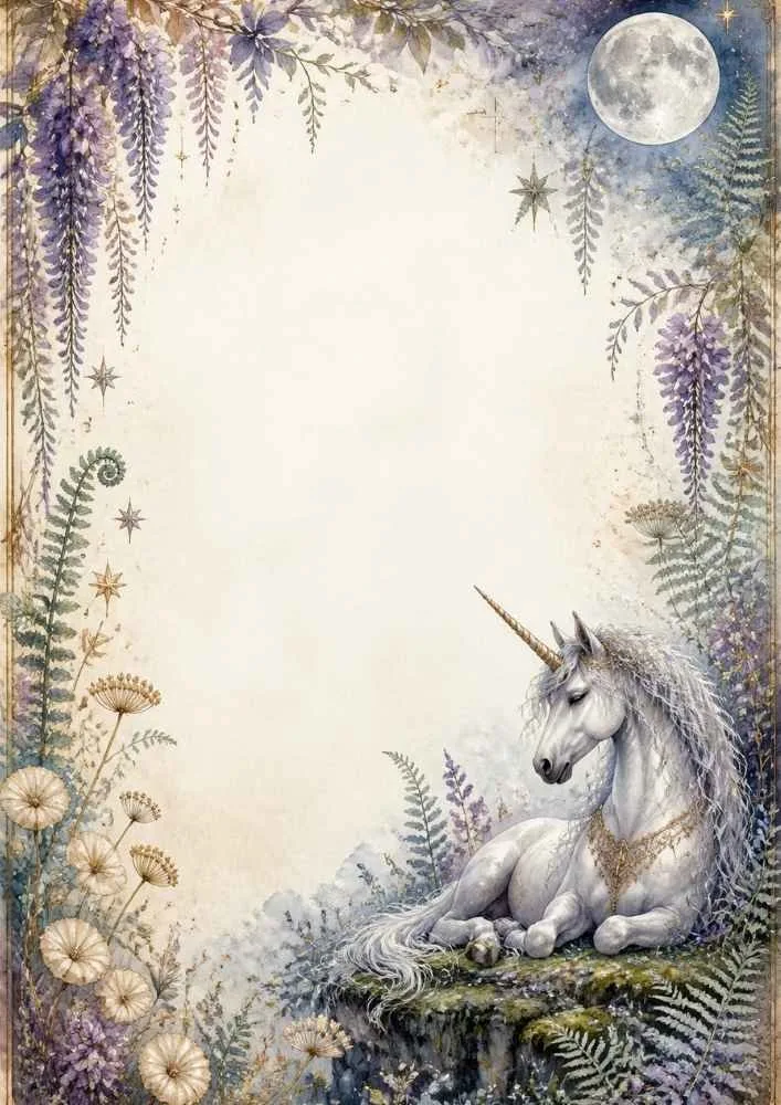Resting unicorn under a full moon with flowers and ferns around the border.