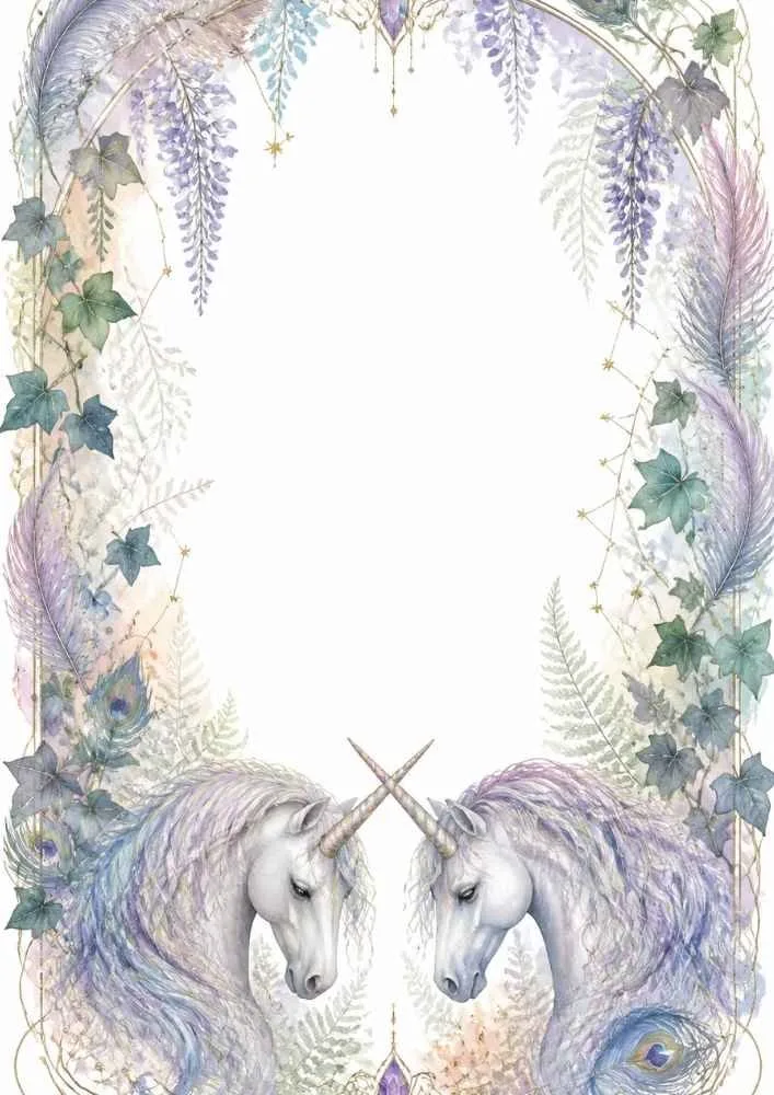 Two unicorns facing each other inside a floral and feather arch border.