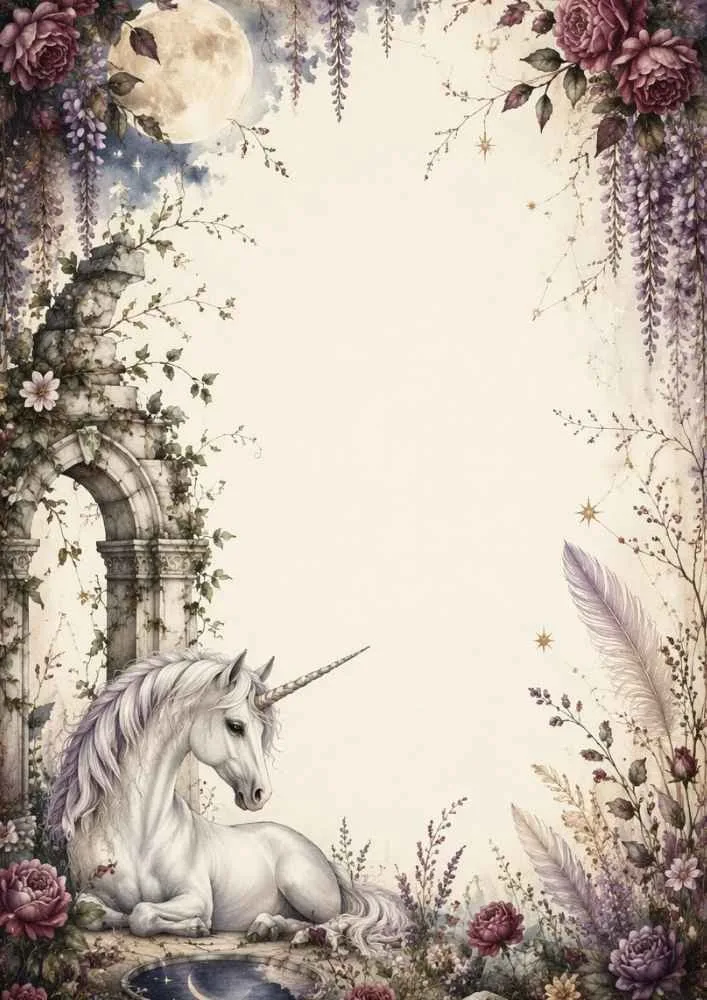 Unicorn resting near stone arches with flowers, vines, and moon overhead.