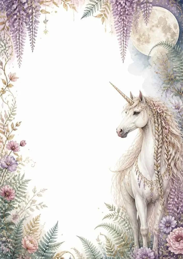 Unicorn with braided mane, flowers, hanging vines, and a full moon.