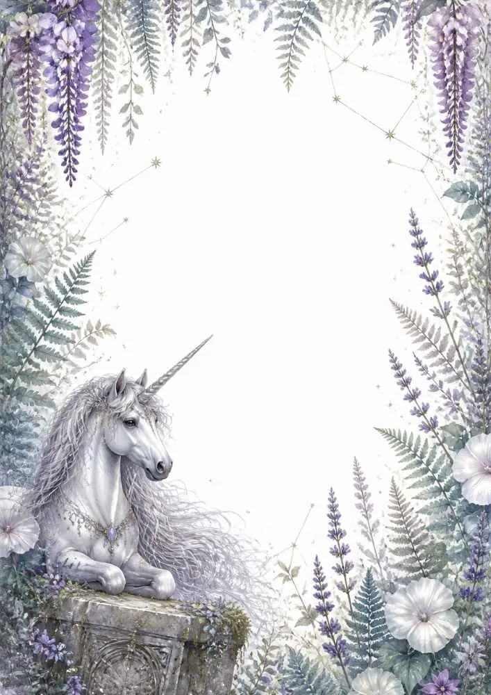 Unicorn resting on a stone ledge with flowers, leaves, and vines.