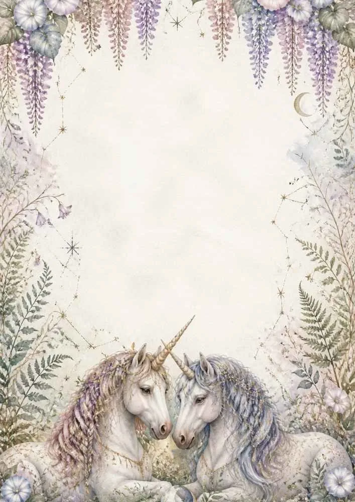Two unicorns lying together among flowers and leafy plants.