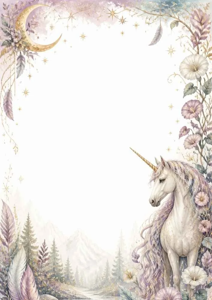 Standing unicorn with flowers, trees, mountains, and a crescent moon border.