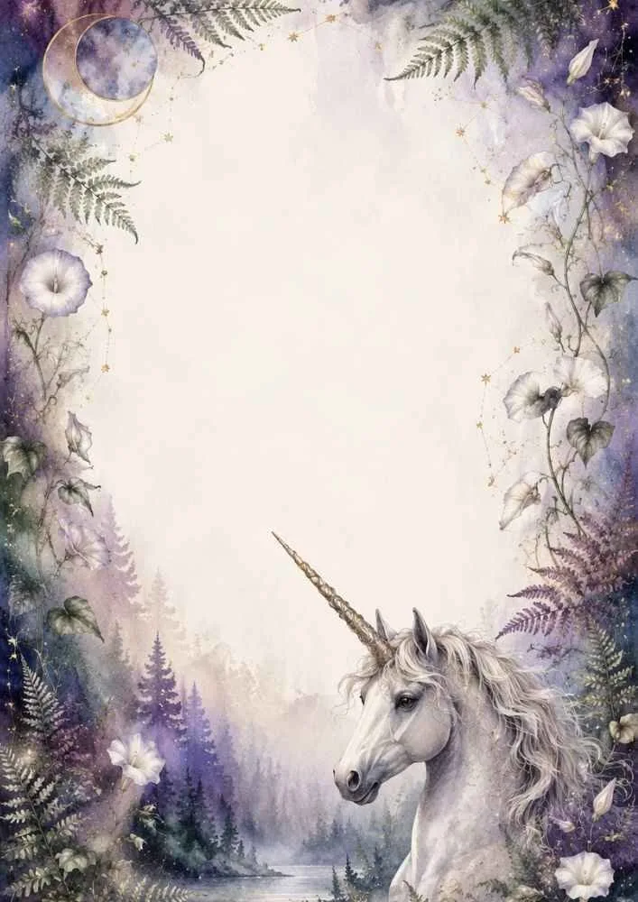 Unicorn beside a forest river with moon, ferns, and flowers around the border.