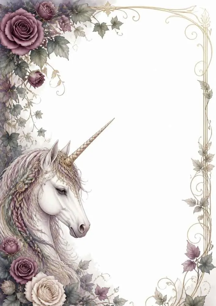 Unicorn head with roses and floral vines inside a decorative frame.