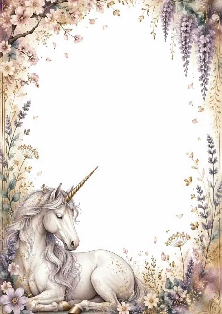 Sleeping unicorn surrounded by flowers, blossoms, and hanging floral branches.