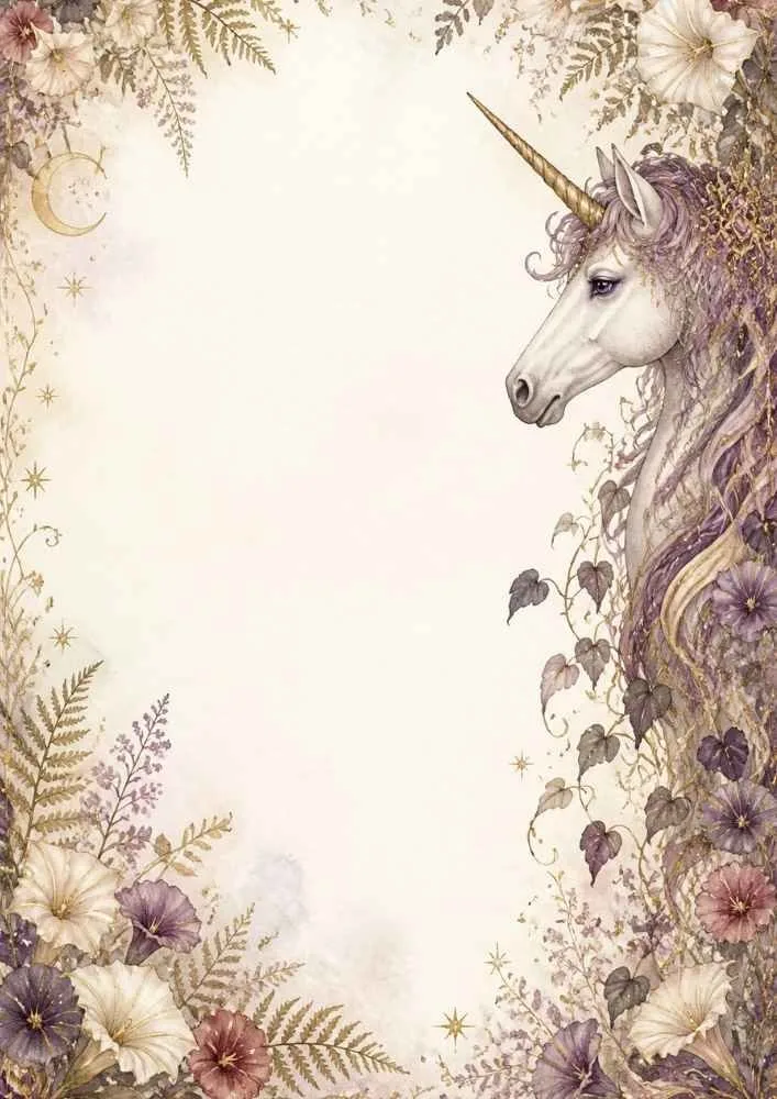 Unicorn with flowing mane beside flowers, leaves, and star decorations.