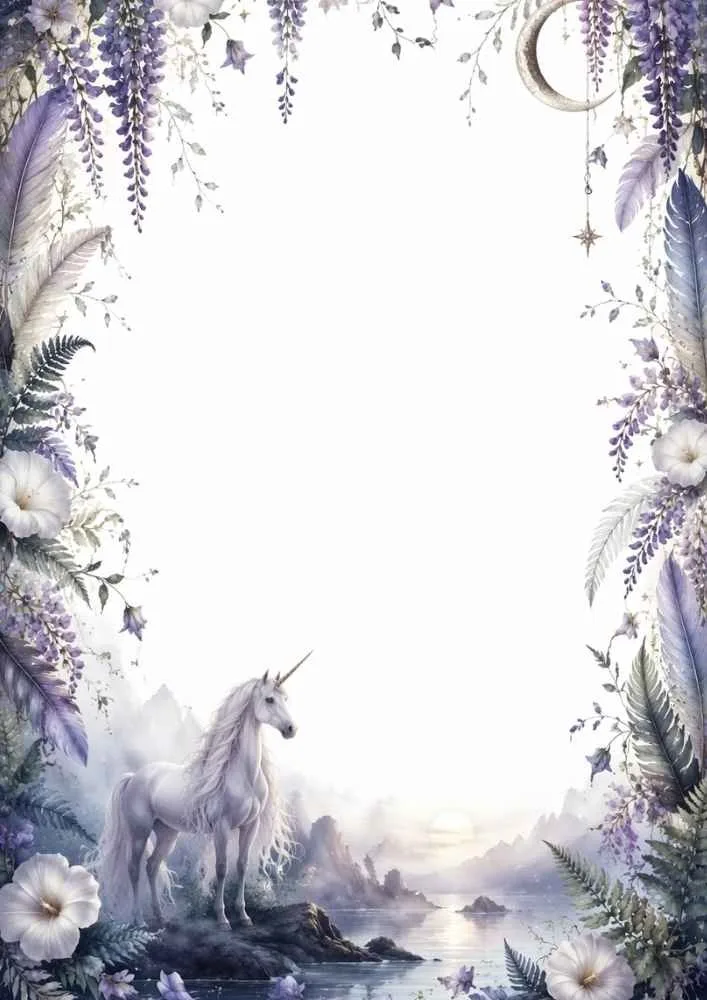 Unicorn by a lake with flowers, feathers, vines, and crescent moon.