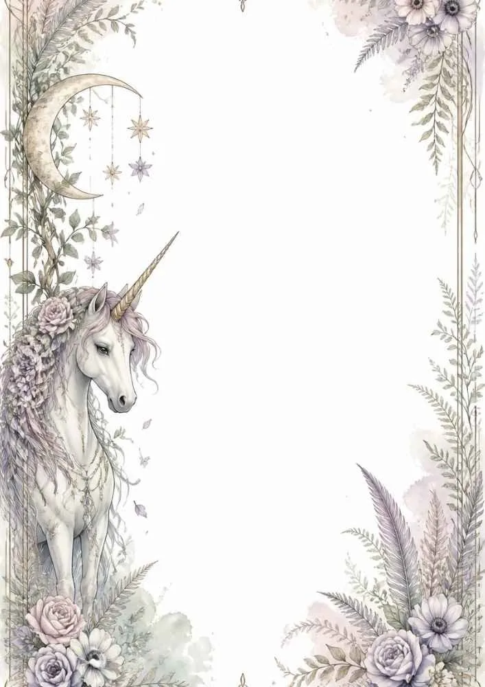 Unicorn beside flowers under a crescent moon with decorative stars.
