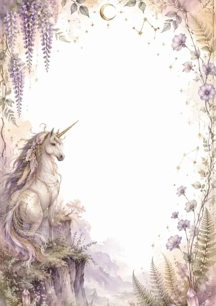 Unicorn standing on a cliff with flowers, vines, and star decorations.