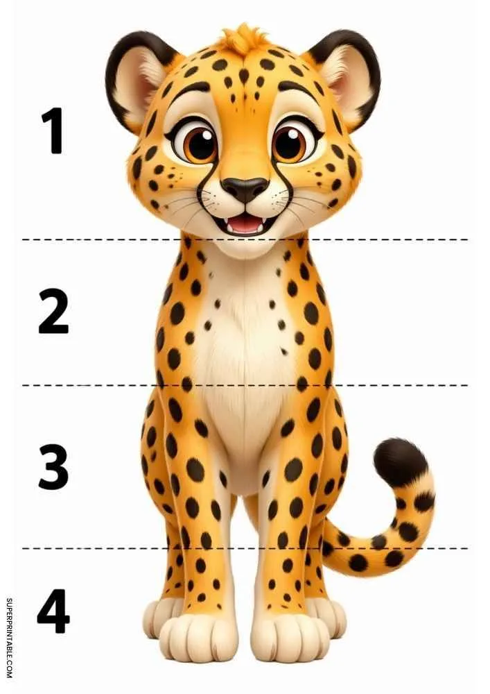 Smiling cheetah divided into four numbered sections with dashed cut lines for a cut and paste activity.