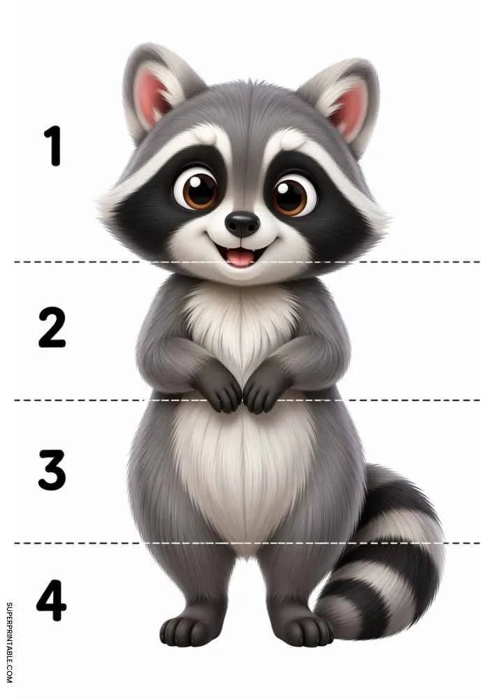 Cute raccoon divided into four numbered sections with dashed cut lines for a cut and paste activity.