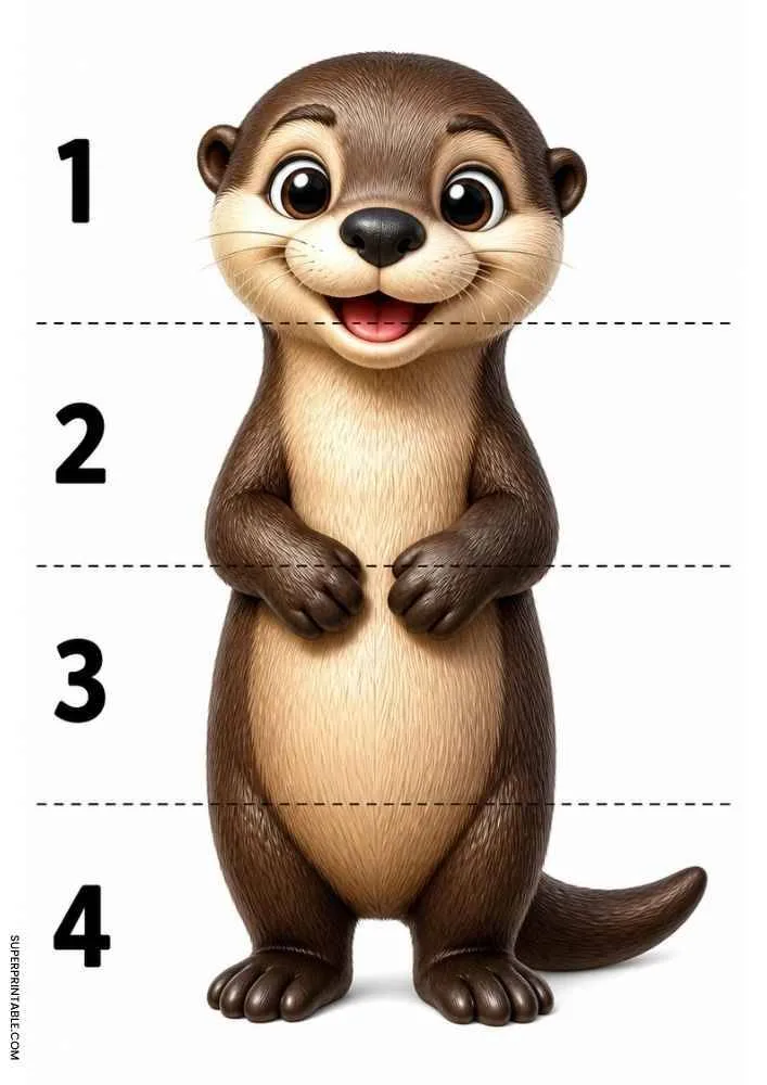 Smiling otter divided into four numbered sections with dashed cut lines for a cut and paste activity.