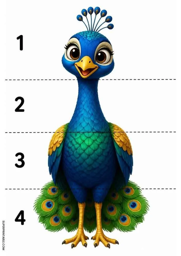 Colorful peacock divided into four numbered sections with dashed cut lines for a cut and paste activity.