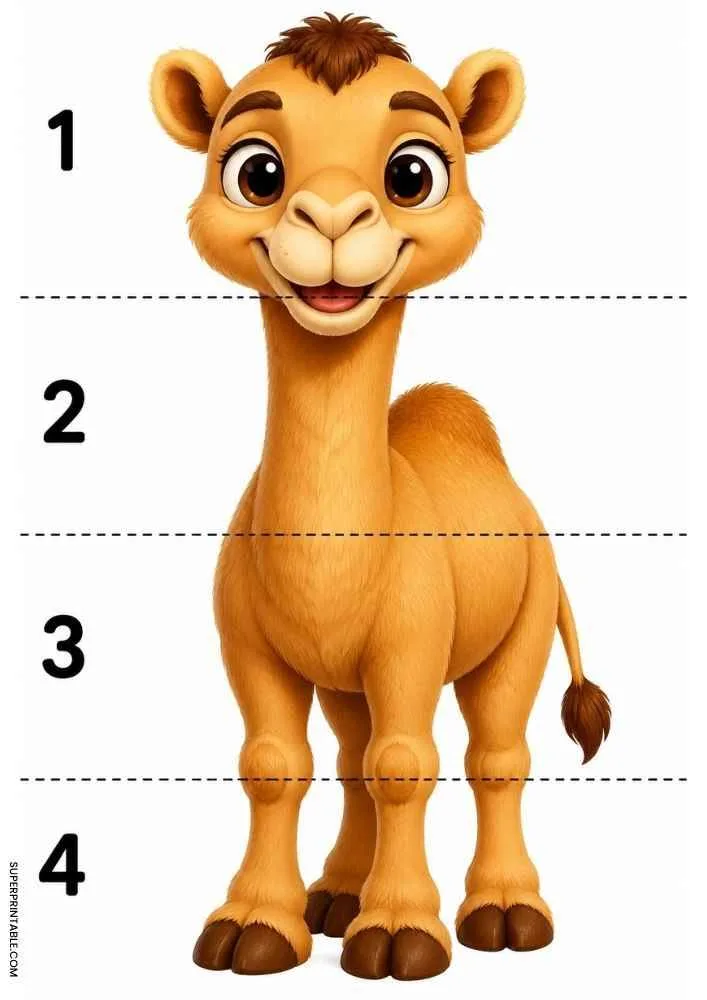 Cute camel divided into four numbered sections with dashed cut lines for a cut and paste activity.