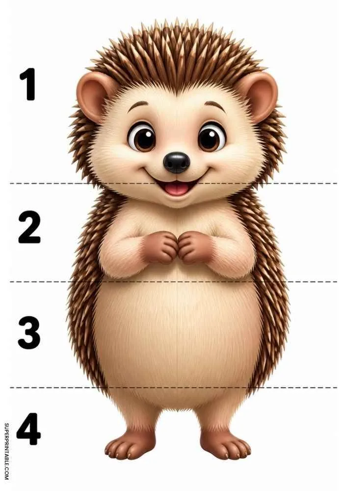 Smiling hedgehog divided into four numbered sections with dashed cut lines for a cut and paste activity.
