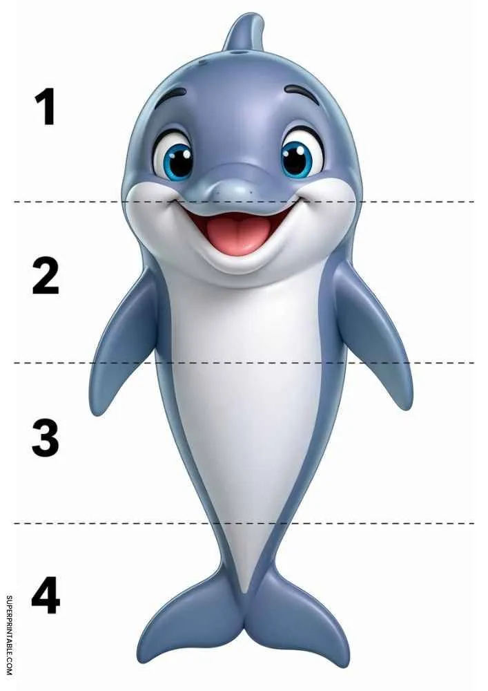 Happy dolphin divided into four numbered sections with dashed cut lines for a cut and paste activity.