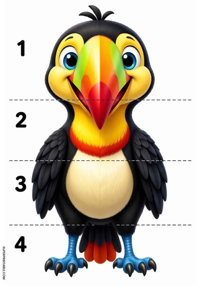 Colorful toucan divided into four numbered sections with dashed cut lines for a cut and paste activity.