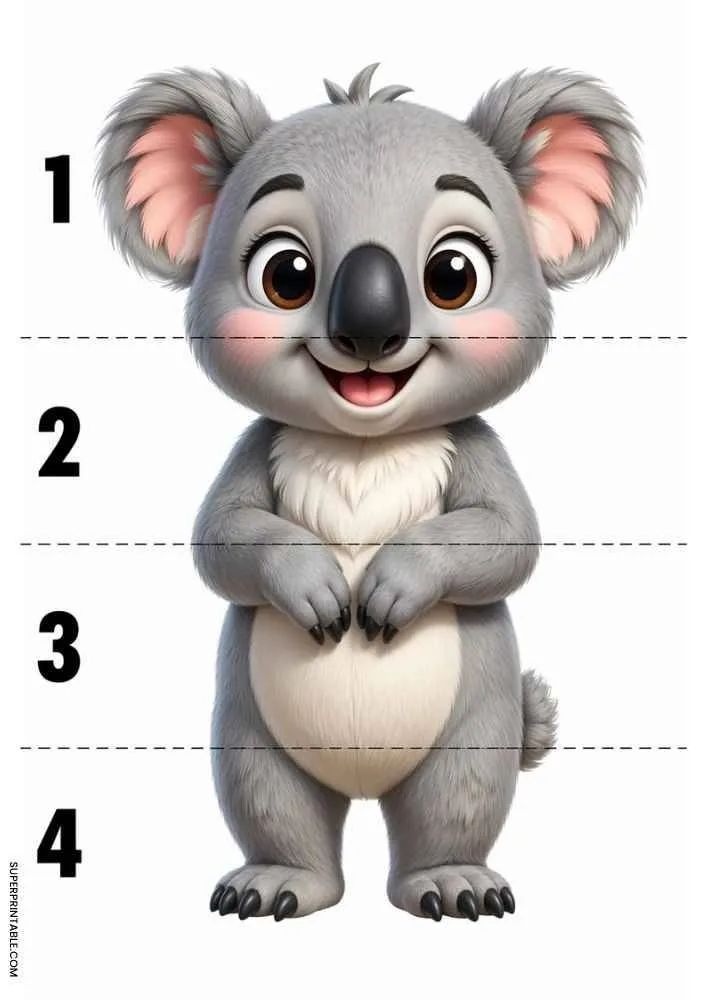 Cute koala divided into four numbered sections with dashed cut lines for a cut and paste activity.