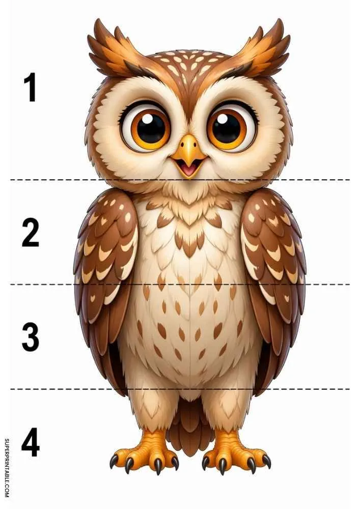 Cute owl divided into four numbered sections with dashed cut lines for a cut and paste activity.