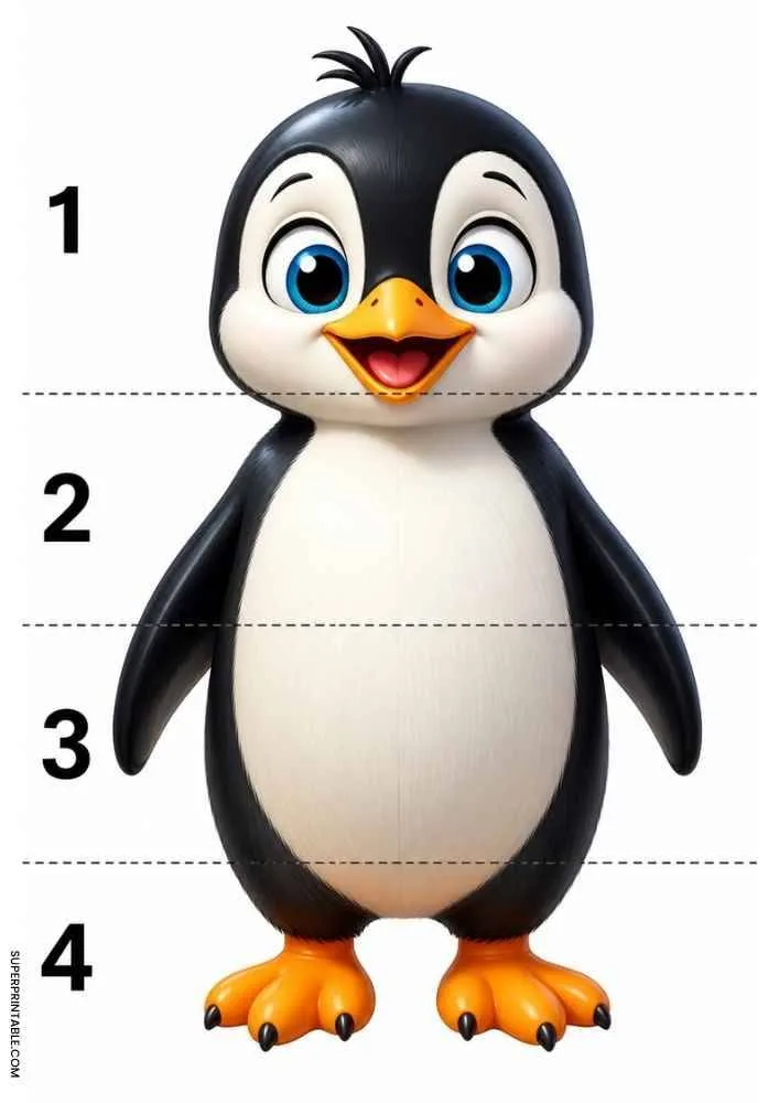 Happy penguin divided into four numbered sections with dashed cut lines for a cut and paste activity.