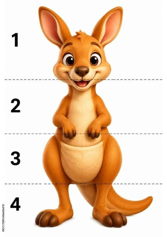 Smiling kangaroo divided into four numbered sections with dashed cut lines for a cut and paste activity.