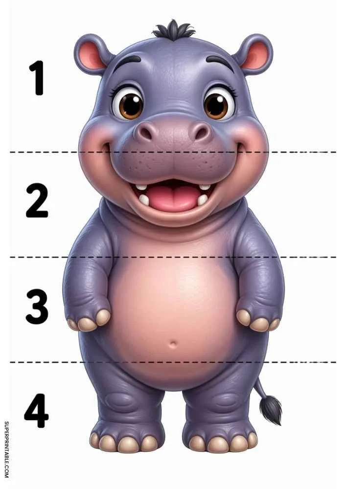 Cute hippo divided into four numbered sections with dashed cut lines for a cut and paste activity.