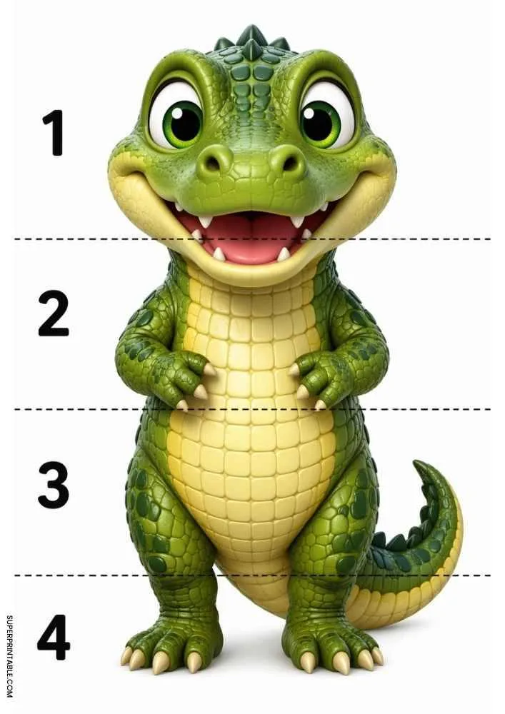 Smiling crocodile divided into four numbered sections with dashed cut lines for a cut and paste activity.