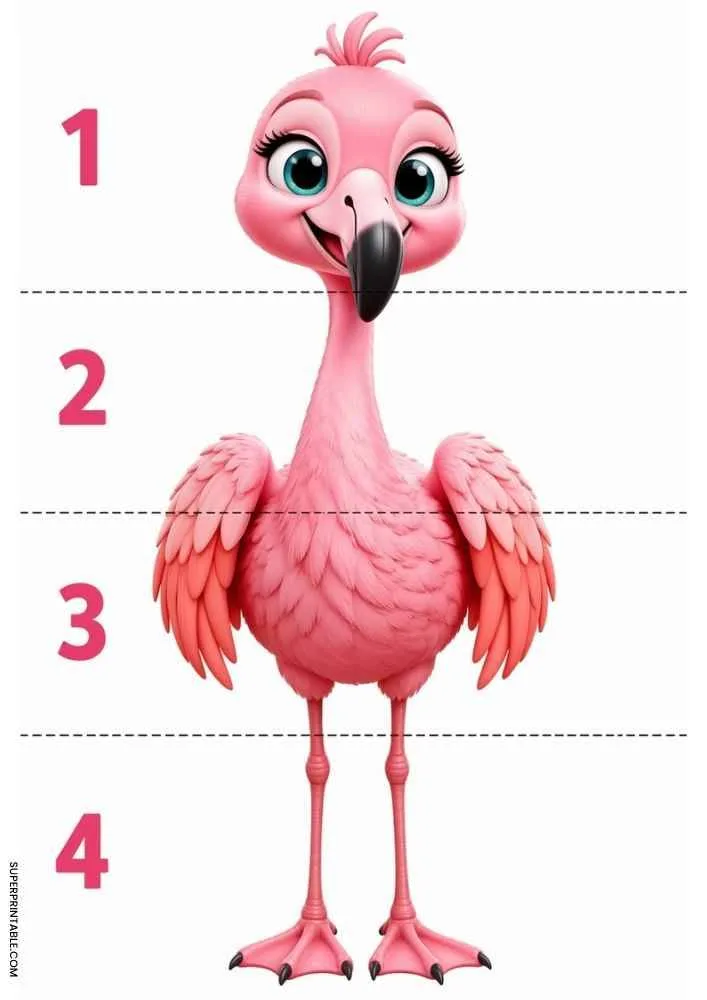 Pink flamingo divided into four numbered sections with dashed cut lines for a cut and paste activity.
