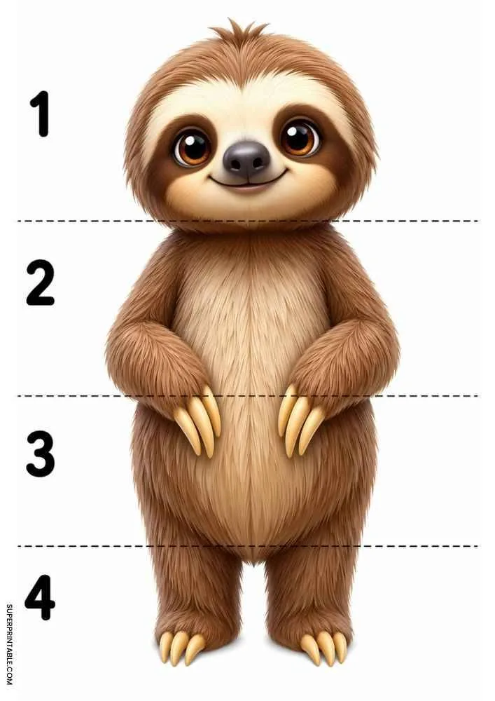 Cute sloth divided into four numbered sections with dashed cut lines for a cut and paste activity.