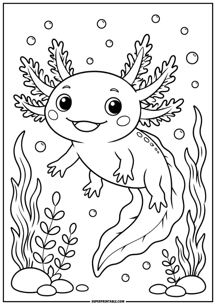 Cute axolotl swimming underwater with seaweed, bubbles, rocks, and aquatic plants.