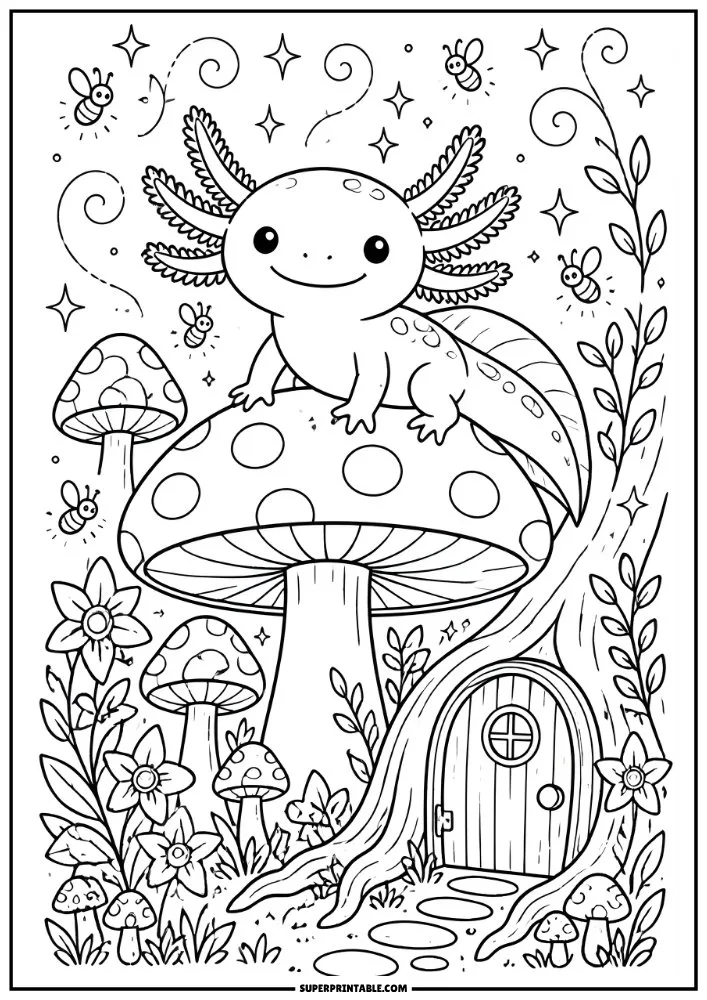Axolotl on a mushroom in a fairy garden with flowers, bees, and a tiny fairy door.