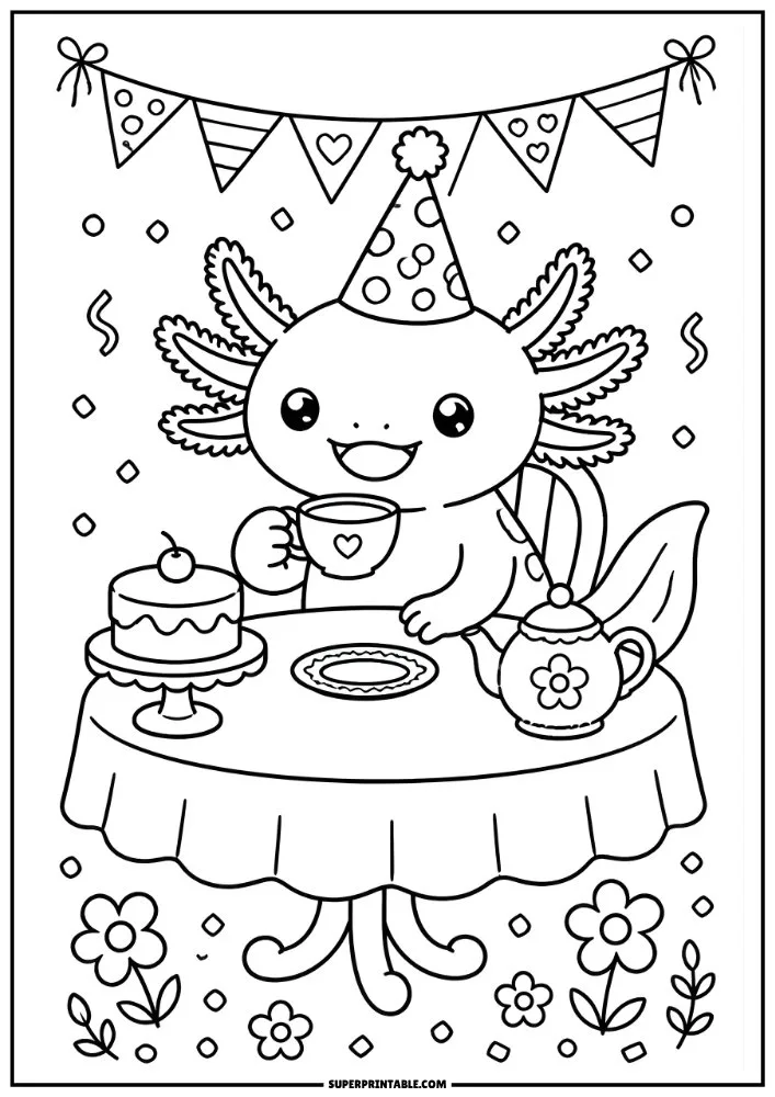 Axolotl having a tea party with cake, teapot, flowers, and party decorations.