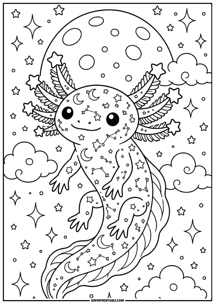 Celestial axolotl with constellations, stars, moons, clouds, and magical sky elements.